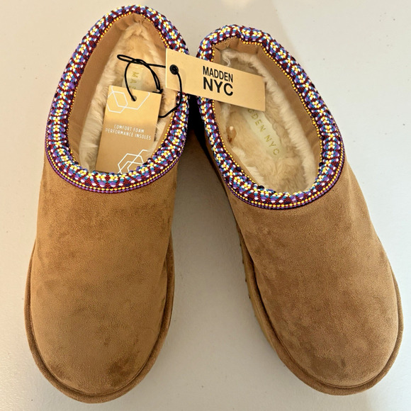 Madden NYC Women’s Cognac Faux Suede Platform Mules Fur Lined Size 10 - Picture 7 of 15